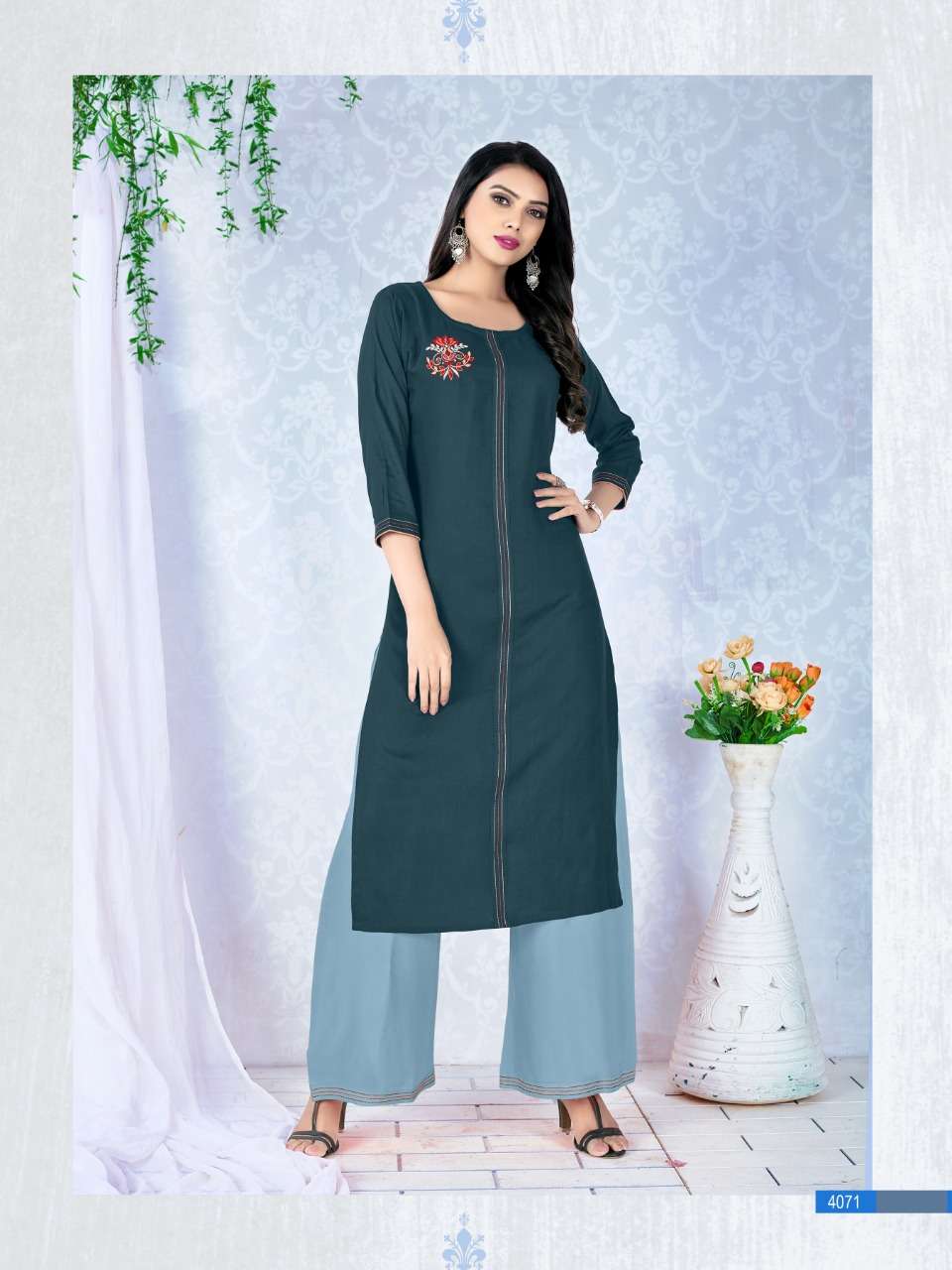 Dehliz Trendz Diva Designer Heavy 14 kg Rayon with Embroidery work party wear Kurti and Plazzo in Wholesale rate 