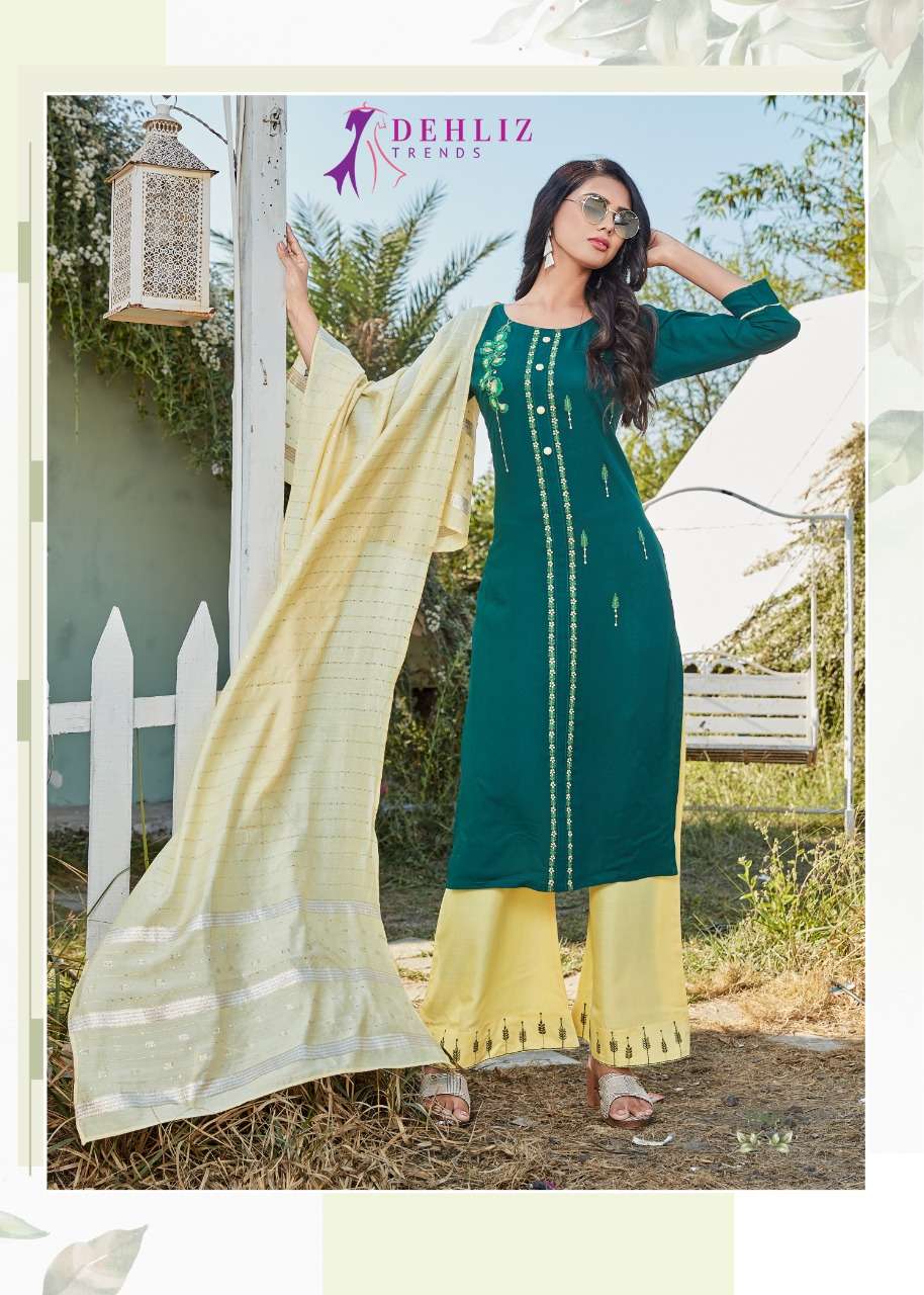 Dehliz Trendz Paalav vol 3 Designer Heavy 14 kg Rayon with Embroidery work party wear Kurti and premium rayon pant and viscose Dupatta in Wholesale rate 