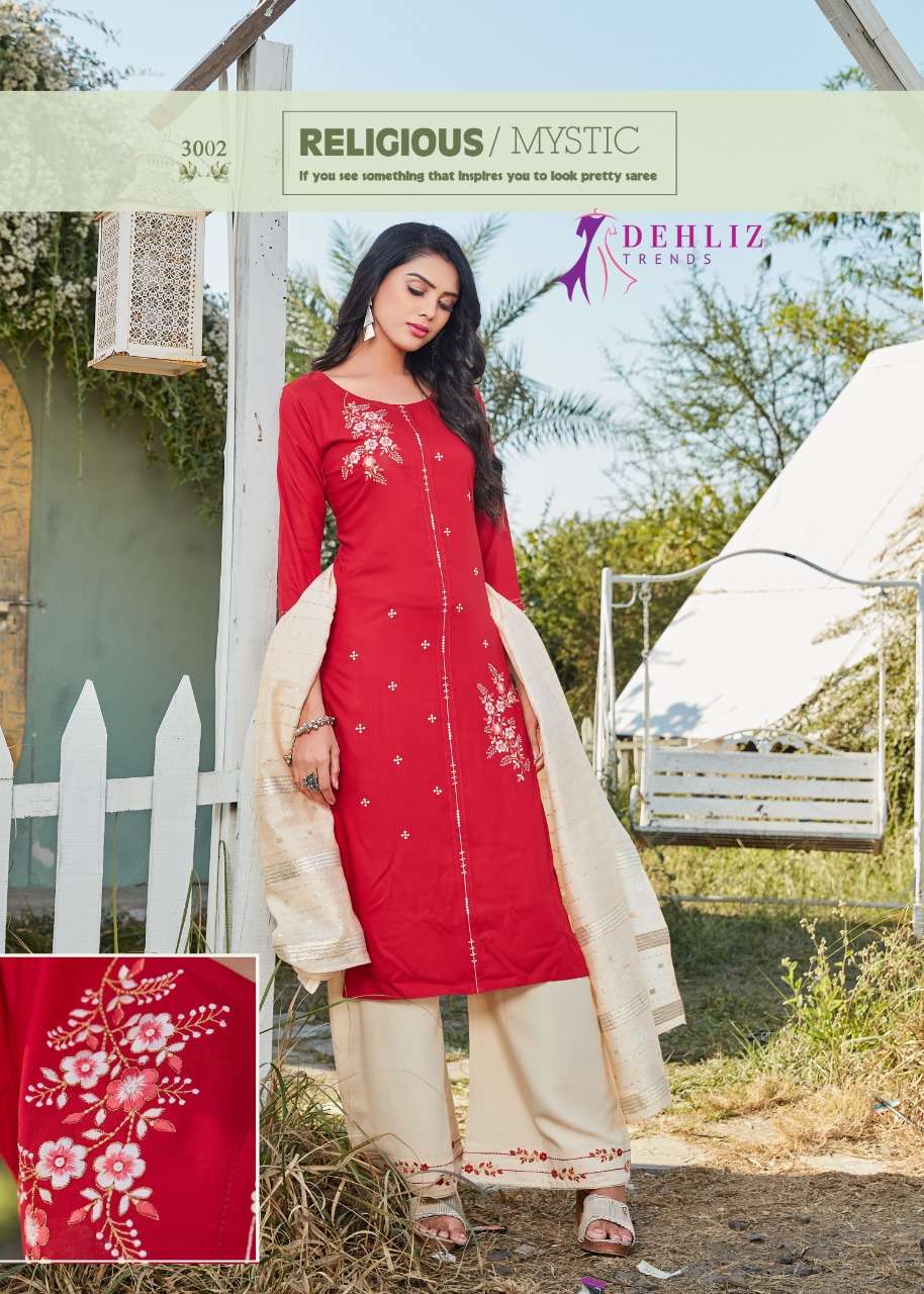 Dehliz Trendz Paalav vol 3 Designer Heavy 14 kg Rayon with Embroidery work party wear Kurti and premium rayon pant and viscose Dupatta in Wholesale rate 