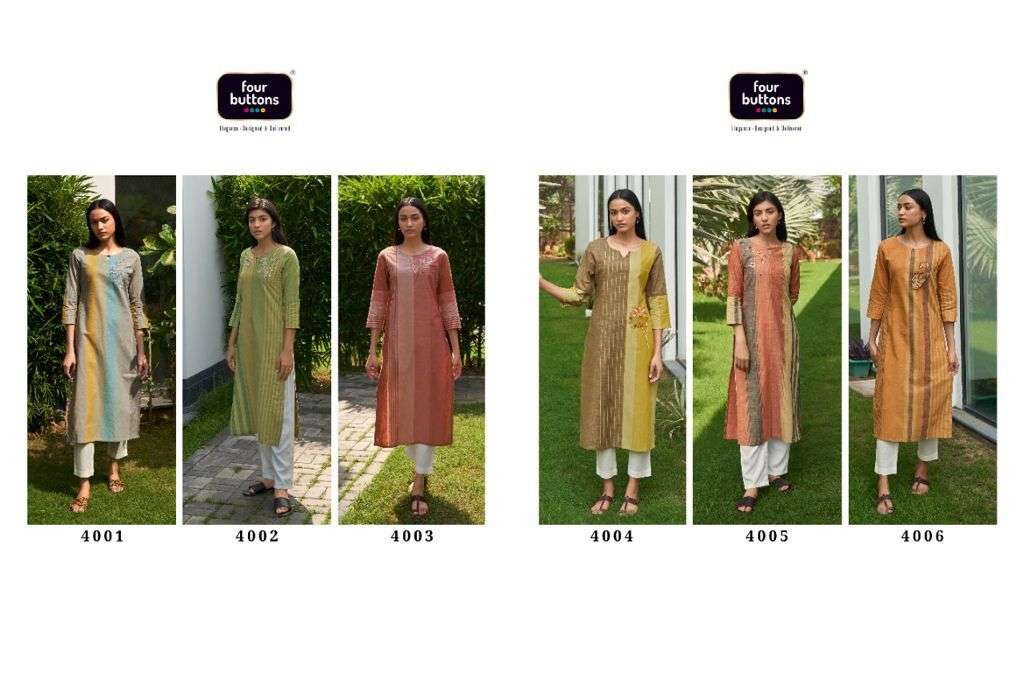 Four Buttons Stripes 7 Designer  Pure Wooven Cotton kurtis with intricate embroidery 