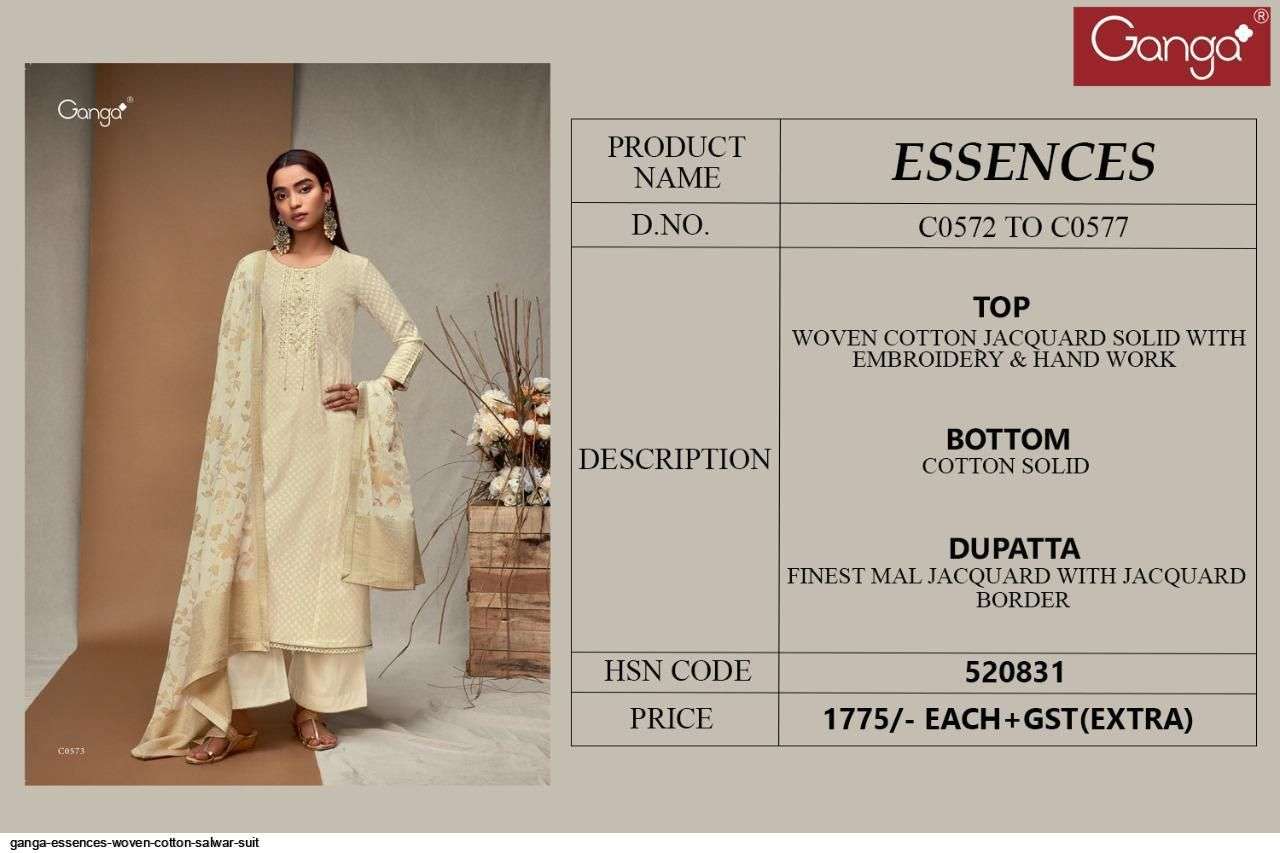 GANGA ESSENCES DESIGNER HANDWORK WITH COTTON JACQUARD EMBROIDERED PARTY WEAR SUITS IN WHOLESALE RATE