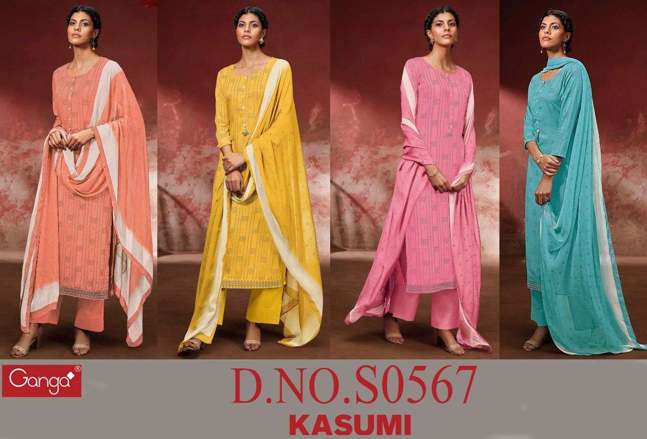 Ganga Kasumi 576 designer Premium Cotton satin with heavy embroidery party wear suits in wholesale rate