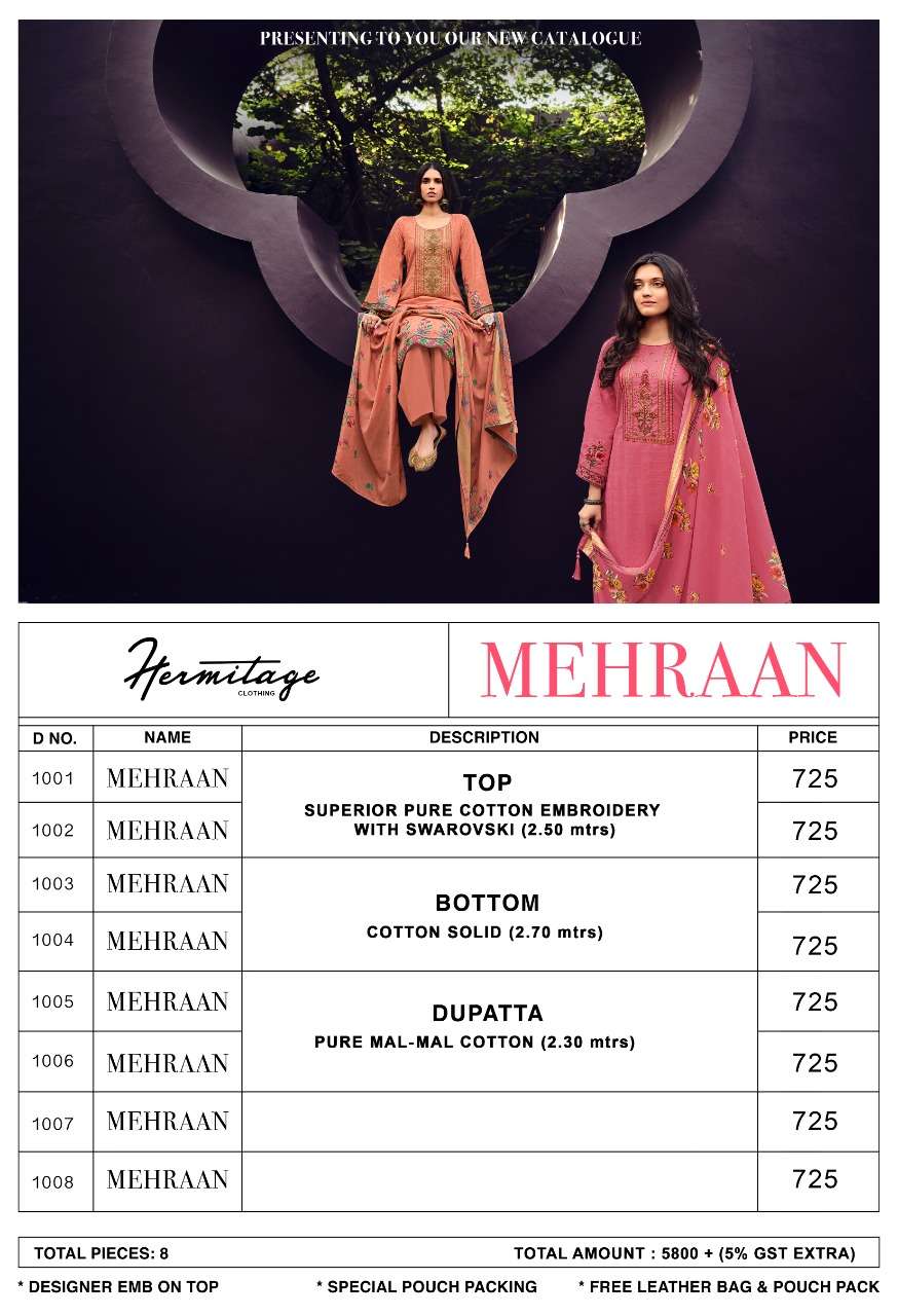 Hermitage Mehraan Designer Superior pure Cotton Printed and embroidery and swarovski work in wholesale rate