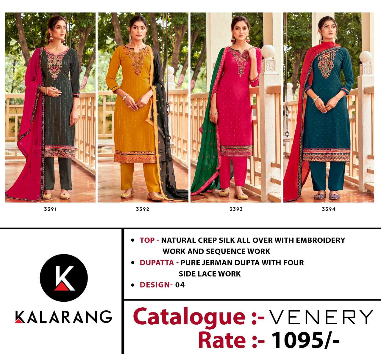 Kalarang Venery Natural Crepe Silk designer Party wear heavy work suits in wholesale rate 