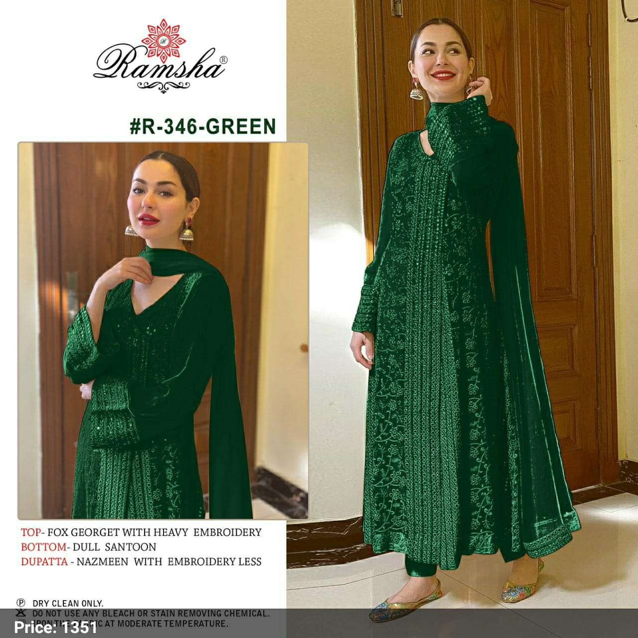 RAMSHA 346 GREEN DESIGNER GEORGETTE WITH HEAVY EMBROIDERY WORK PAKISTANI PATTERN SUITS IN SINGLES