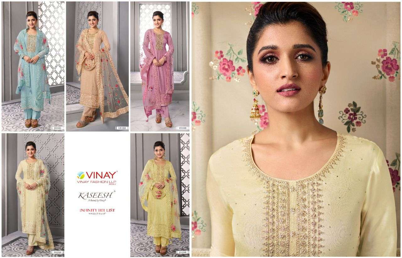 Vinay Fashion Kaseesh Hit list Dola silk Top with Embroidery net dupatta party wear in wholesale rate