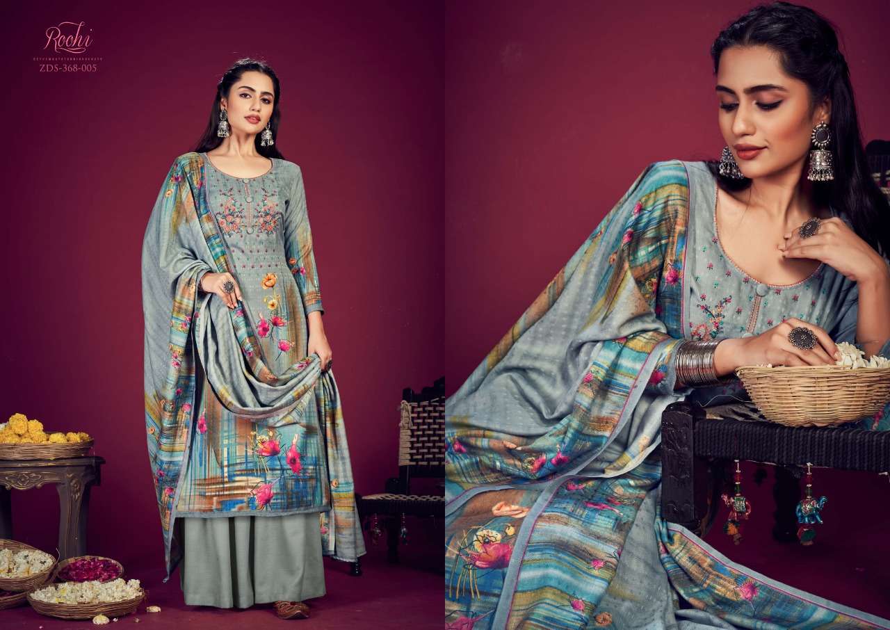 Zulfat Designer Roohi Pure pashmina Digital printed  with Heavy embroidery work party wear suits in wholesale rate