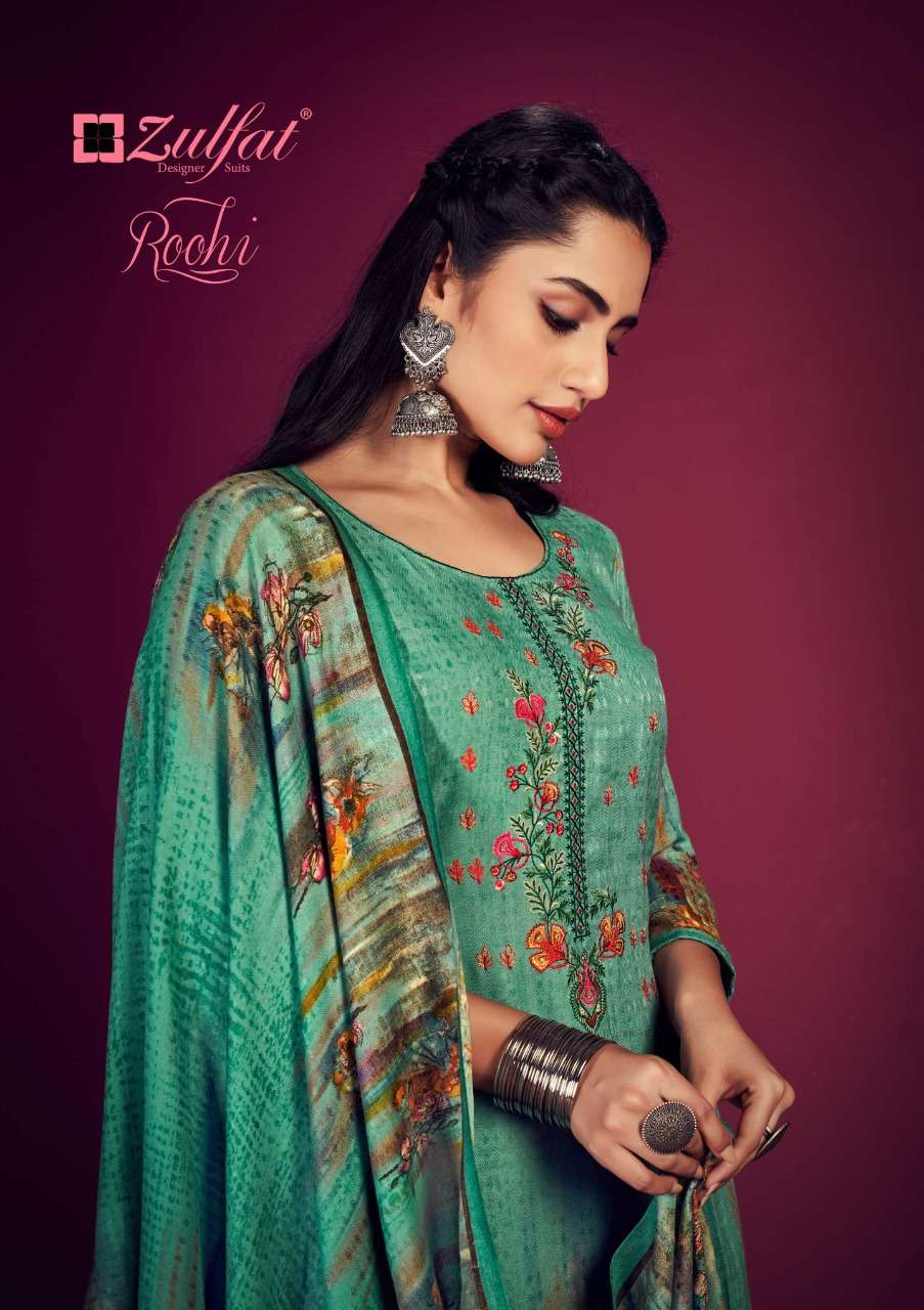Zulfat Designer Roohi Pure pashmina Digital printed  with Heavy embroidery work party wear suits in wholesale rate