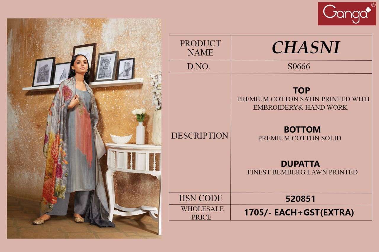 Ganga Chasni 666 designer Premium Cotton satin with heavy embroidery party wear suits in wholesale rate