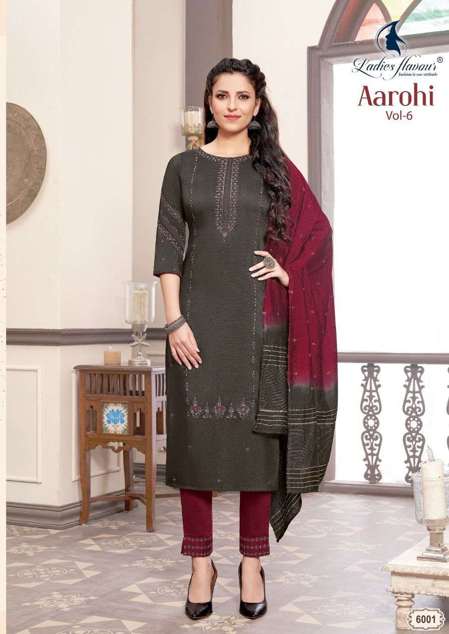 Ladies Flavor Arohi vol 6 designer Chinnon Slub with Embroidery sequence work with bottom and dupatta in wholesale rate. 