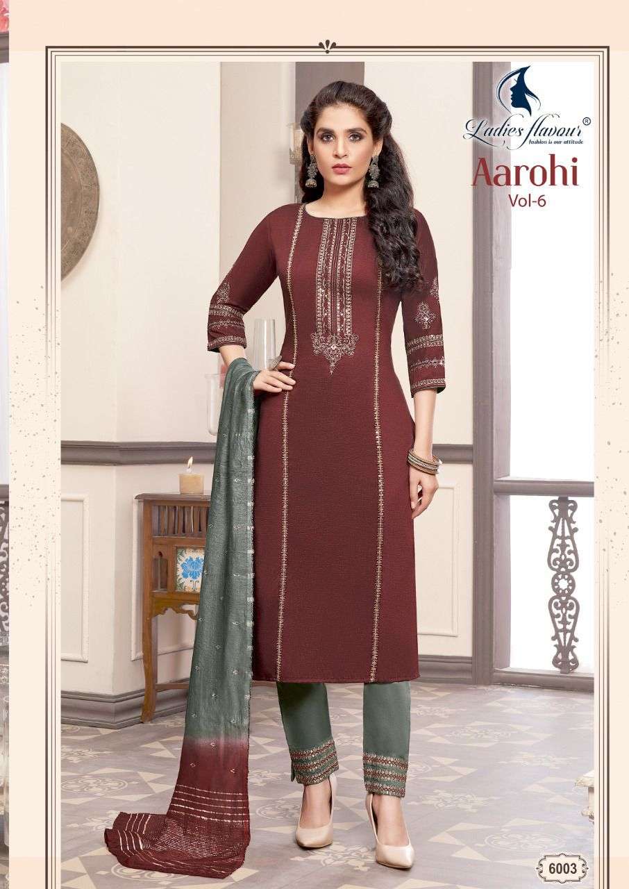 Ladies Flavor Arohi vol 6 designer Chinnon Slub with Embroidery sequence work with bottom and dupatta in wholesale rate. 