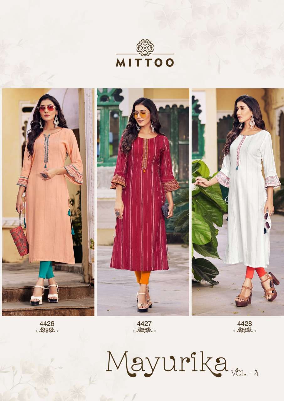 Mittoo Mayurika Vol 4 Designer party wear Viscose weaving pattern with Handwork and embroidery kurti in wholesale rate