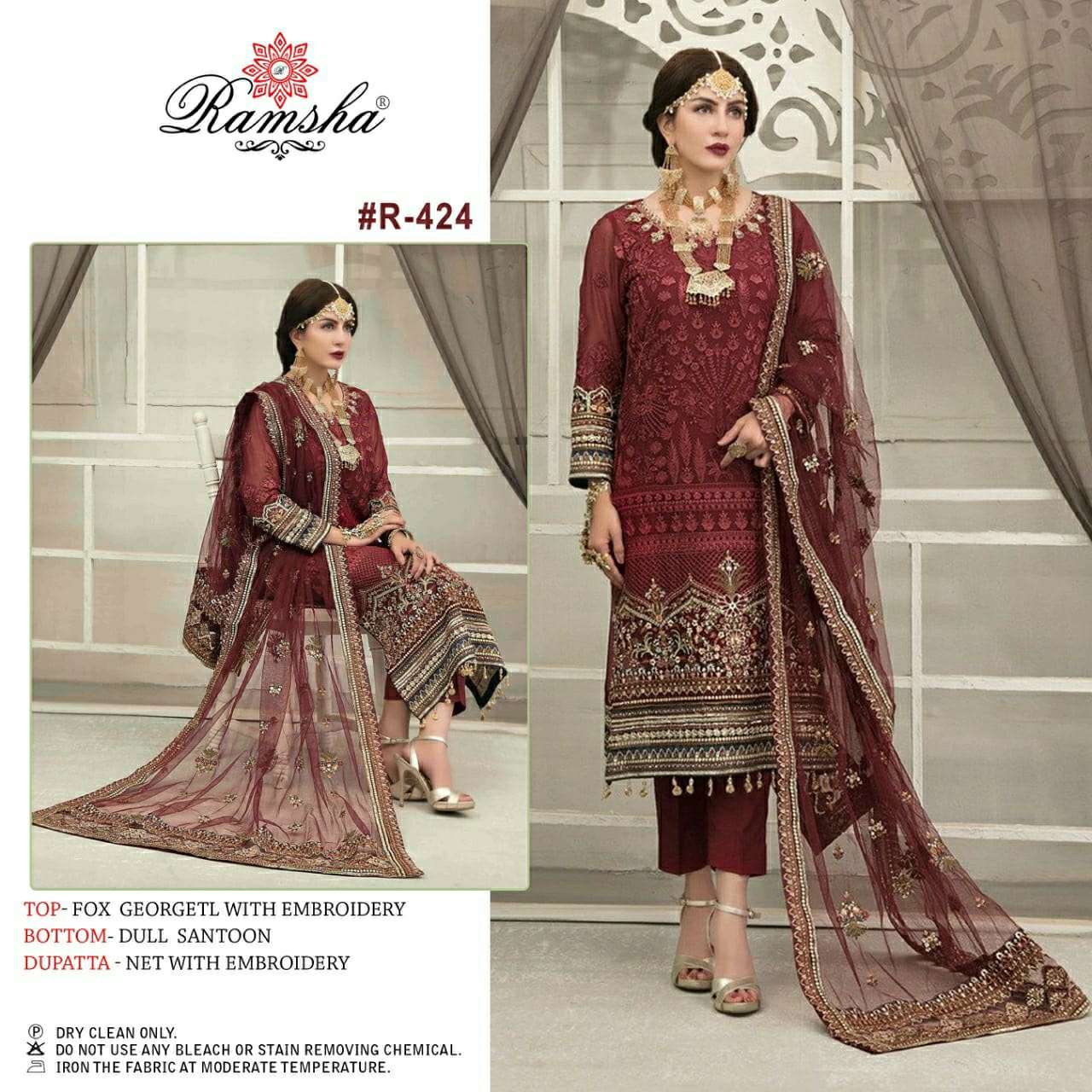Ramsha R 424 Georgette with Heavy Embroidery Pakistani style Full Work party wear Suits 