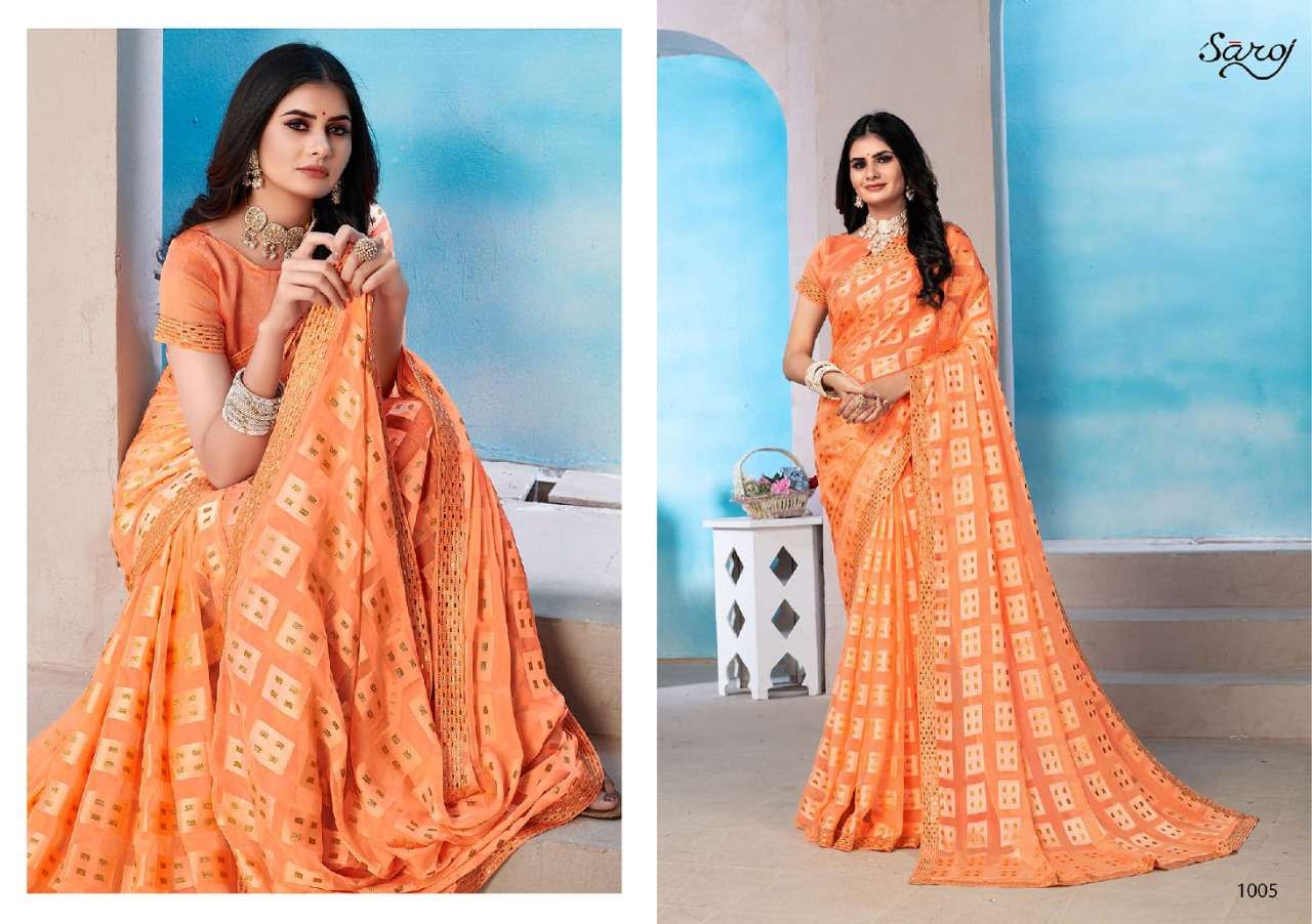 Saroj sarees Prime Rose designer Georgette with Jacquard brasso dulatta swarovski diamond work in wholesale rate