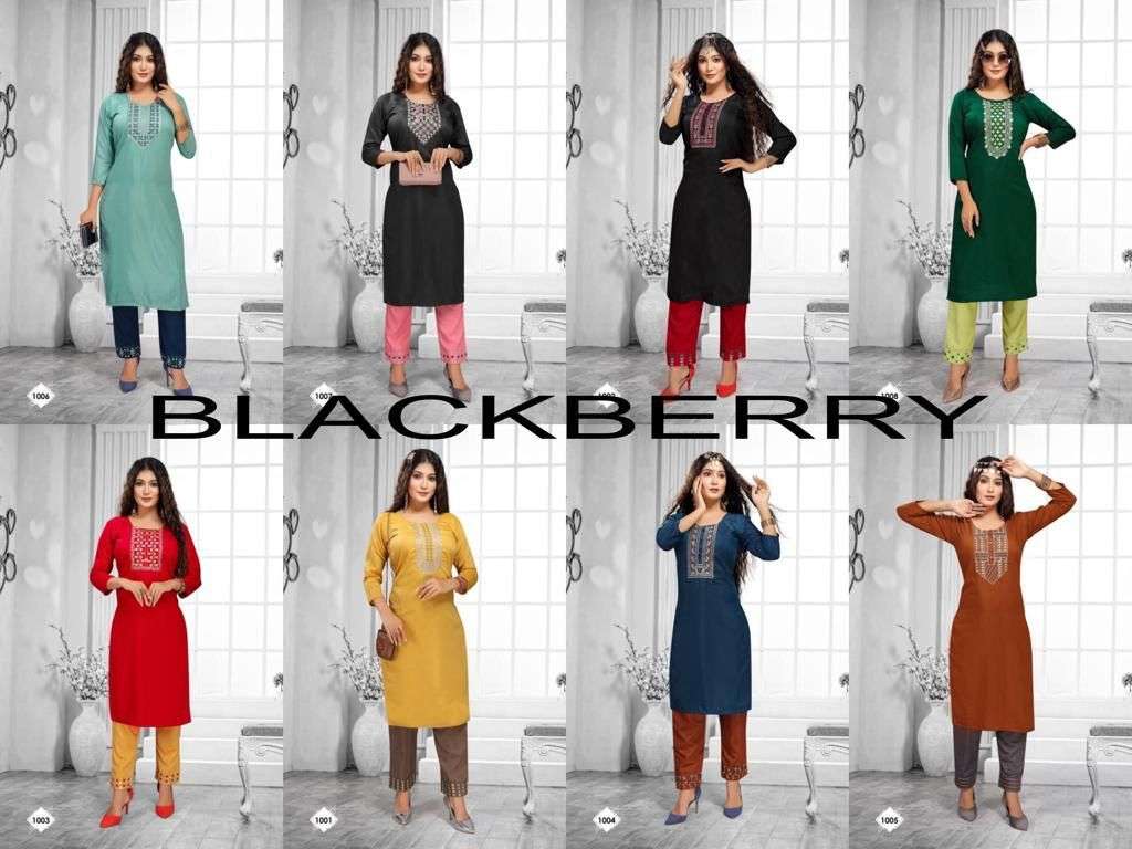 The women Threads Balckberry Designer Chinnon Silk with Embroidery on Neck party wear Kurties in wholesale rate