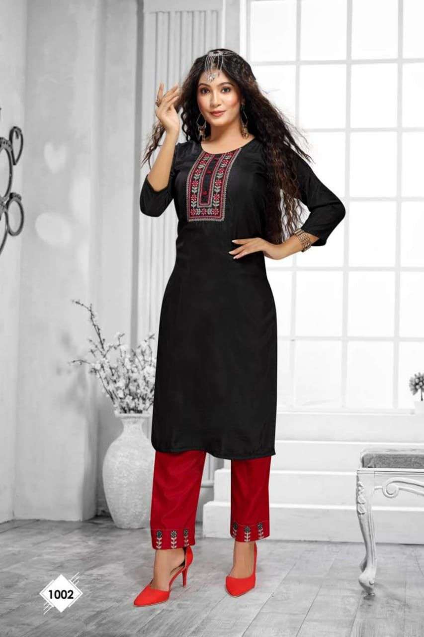 The women Threads Balckberry Designer Chinnon Silk with Embroidery on Neck party wear Kurties in wholesale rate