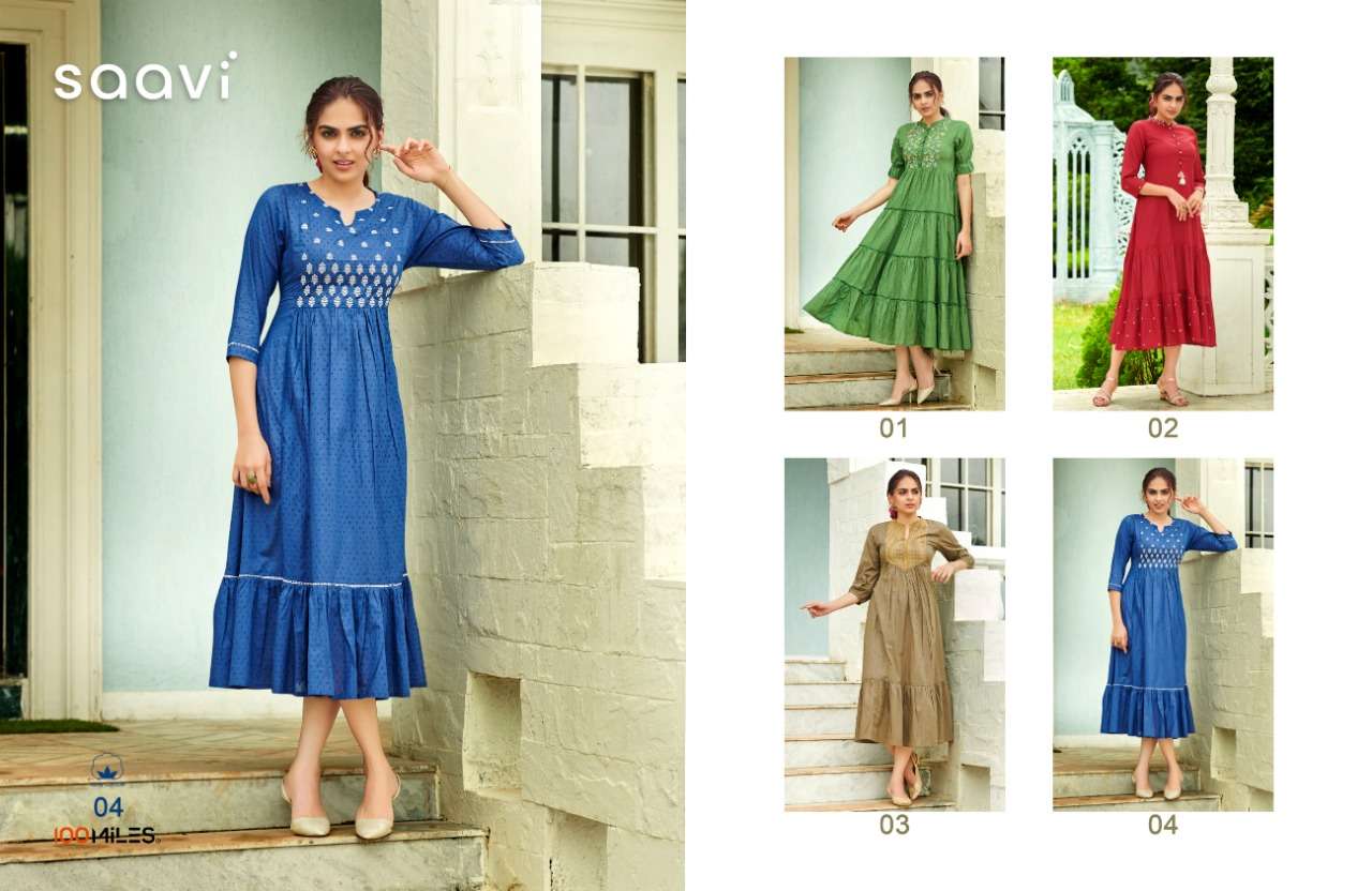 100MILES SAAVI DESIGNER COTTON EMBROIDERED LONG KURTI IN WHOLESALE RATE