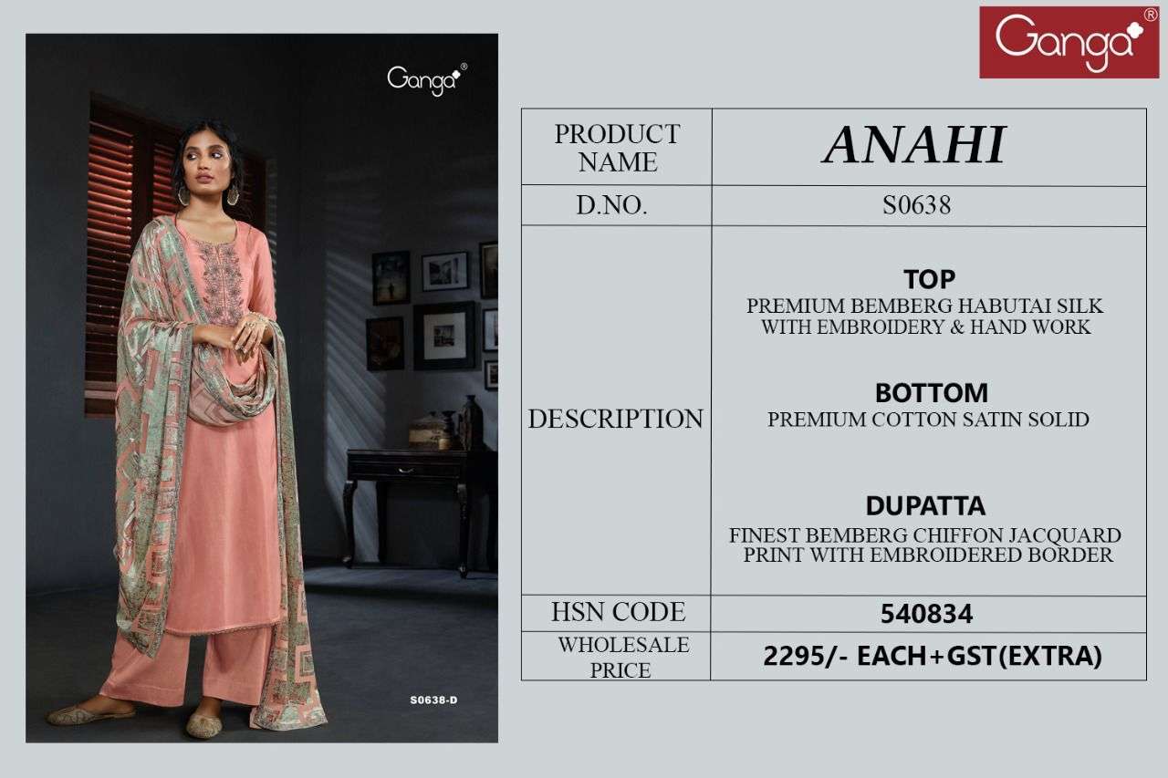 Ganga Anahi 668 designer Premium Bemberg Habutai Silk printed with heavy embroidery party wear suits in wholesale rate