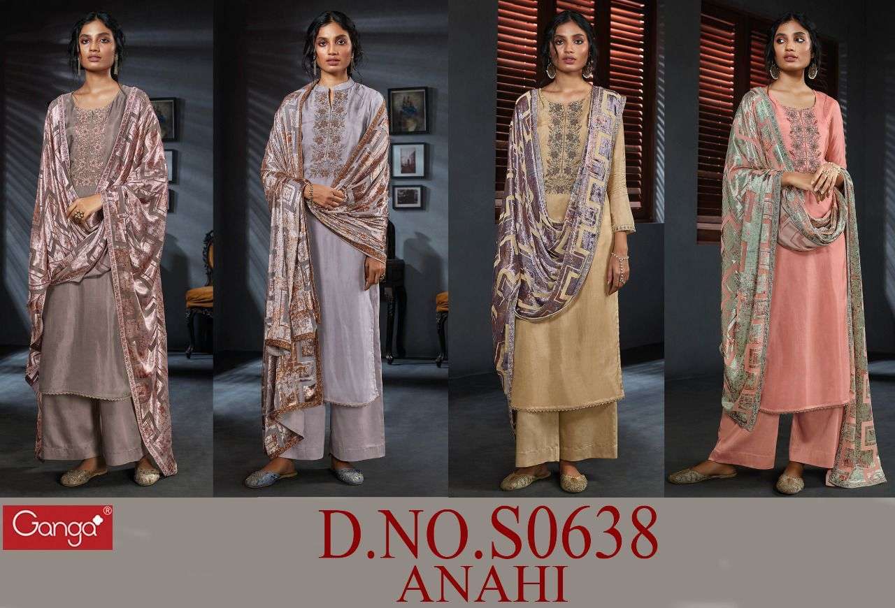 Ganga Anahi 668 designer Premium Bemberg Habutai Silk printed with heavy embroidery party wear suits in wholesale rate