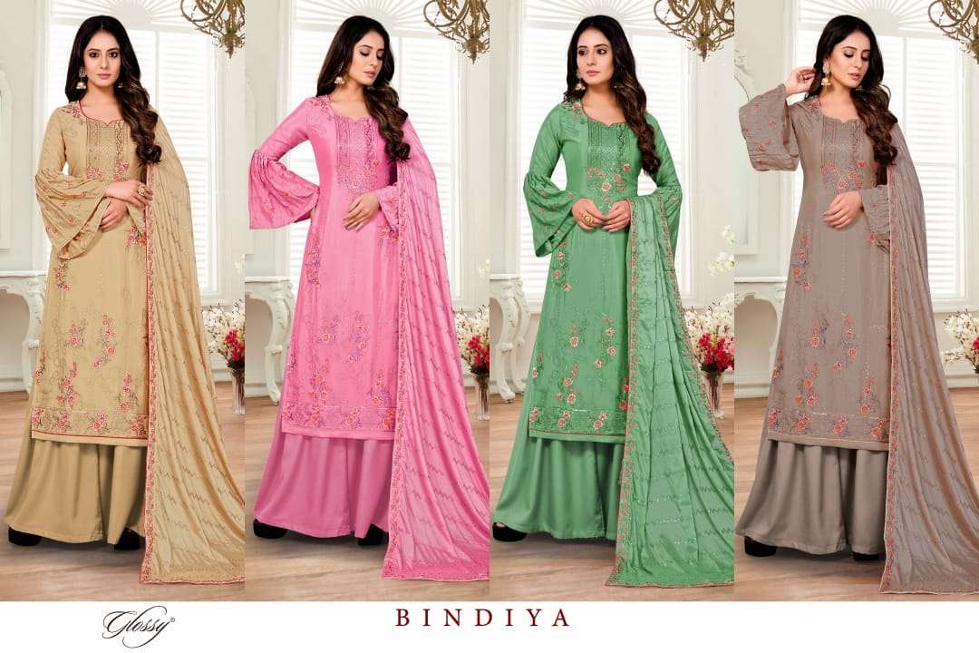 GLOSSY BINDIYA DESIGNER EMBROIDERY WORK AND SEQUENCE WORK CHINON CHIFFON PARTY WEAR SUITS IN WHOLESALE RATE 