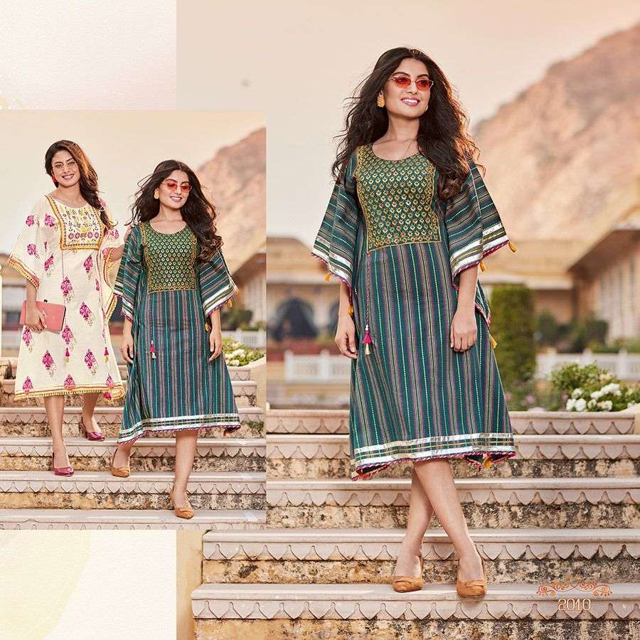 Kajal Style Cocktail vol 2 designer heavy cotton Kaftan style printed and fancy embroidery work party wear kurti in wholesale Rate 