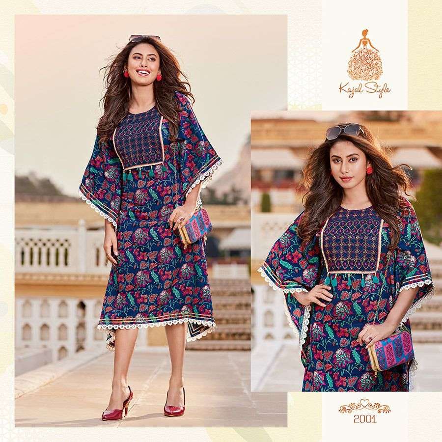 Kajal Style Cocktail vol 2 designer heavy cotton Kaftan style printed and fancy embroidery work party wear kurti in wholesale Rate 