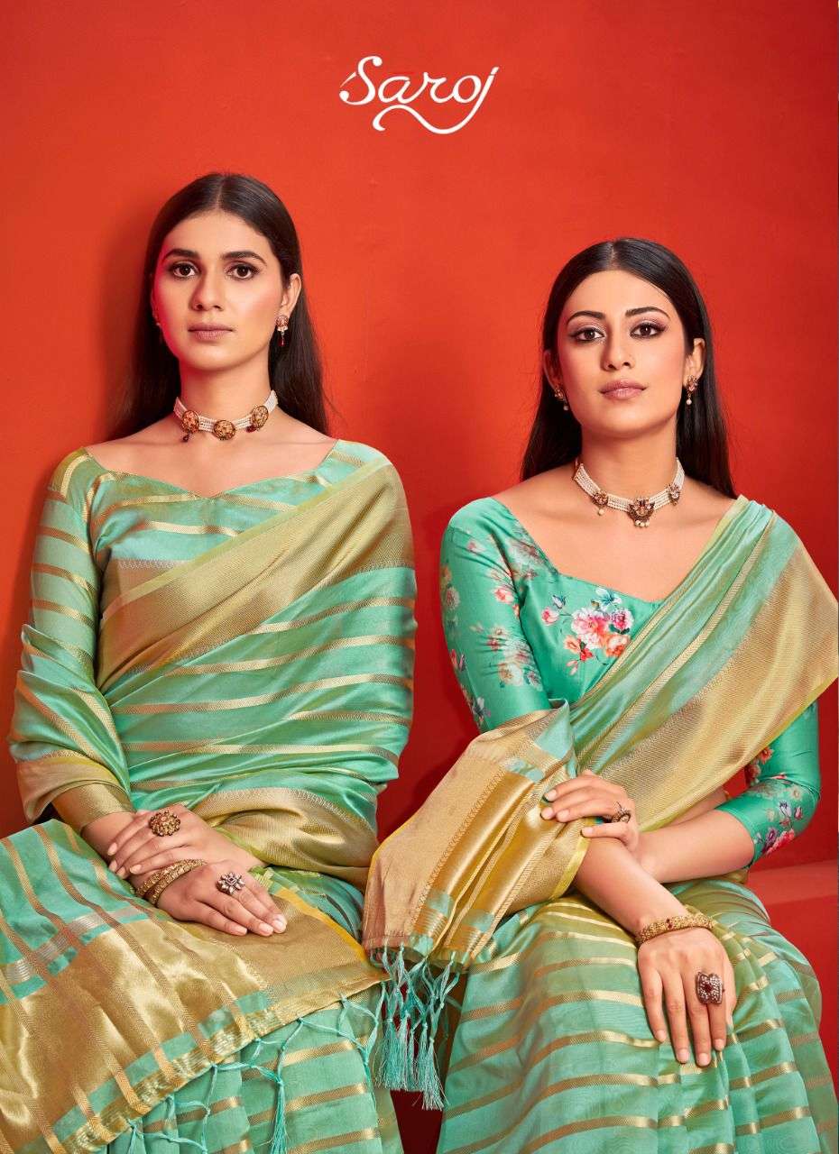 Saroj sarees Jannat designer organza silk with golden jari lining and jari border party wear saree  with 2 Blouse in wholesale rate