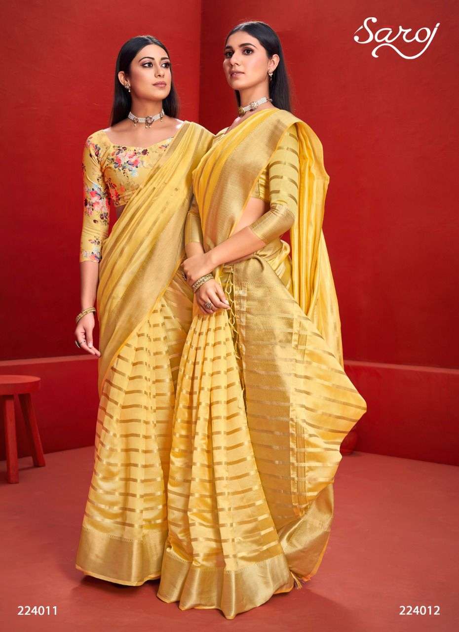 Saroj sarees Jannat designer organza silk with golden jari lining and jari border party wear saree  with 2 Blouse in wholesale rate