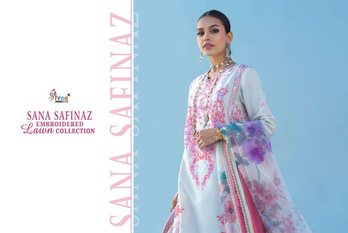 SHREE FAB SANA SAFINAZ EMBROIDERED LAWN COLLECTION DESIGNER SELF EMBROIDERY WITH LAWN COTTON PRINTED SUITS IN WHOLESALE RATE