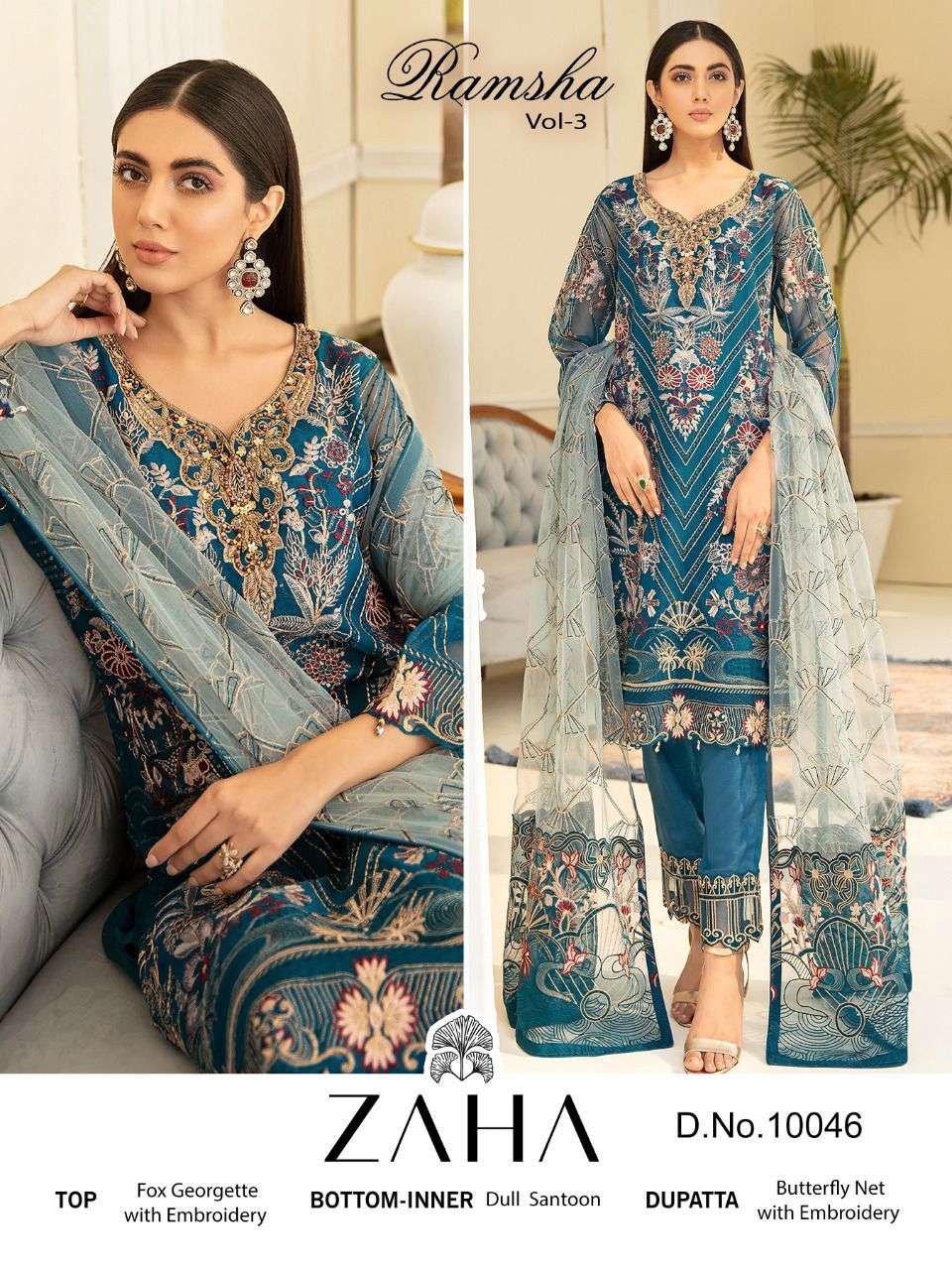 ZAHA RAMSHA VOL 3 DESIGNER GEORGETTE EMBROIDERED PARTY WEAR SUITS IN WHOLESALE RATE