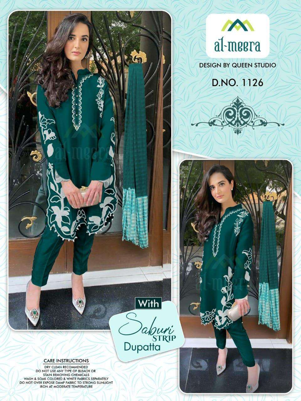 AL MEERA 1126 DESIGNER FAUX GEORGETTE EMBROIDERED PARTY WEAR KURTI PANT WITH DUPATTA COLLECTION IN WHOLESALE RATE