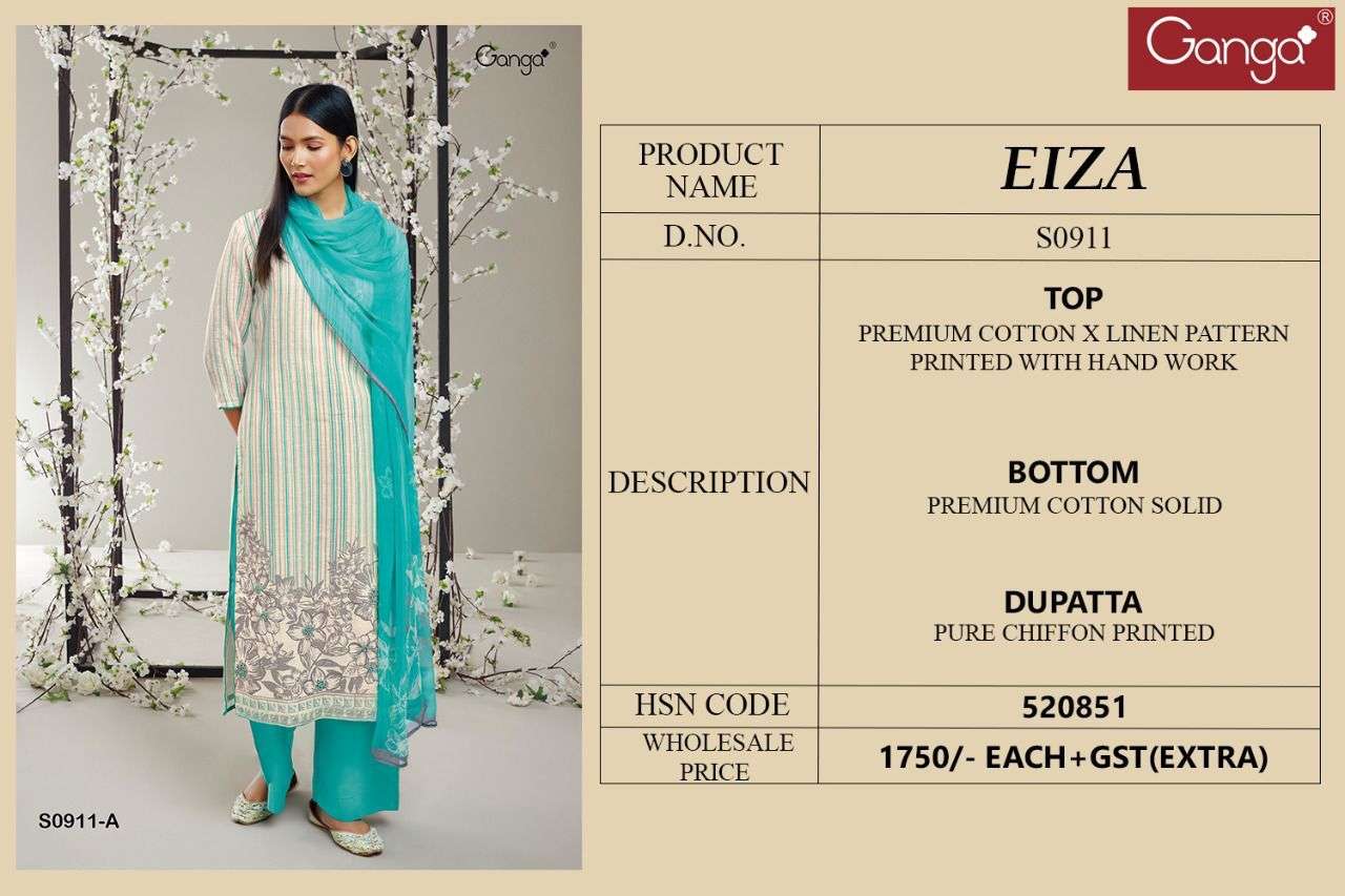 GANGA EIZA 911 DESIGNER HANDWORK WITH COTTON LINEN PRINTED SUITS IN WHOLESALE RATE