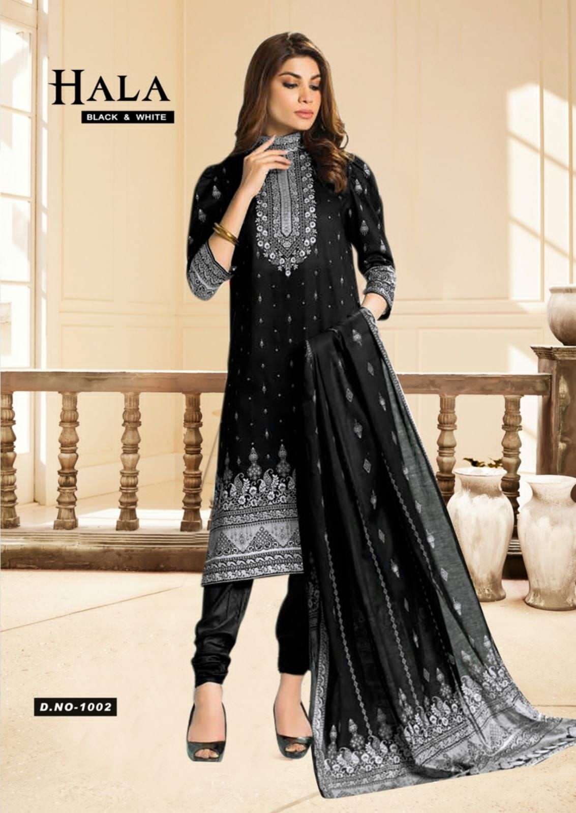 HALA BLACK AND WHITE DESIGNER COTTON PRINTED DAILY WEAR SUITS IN WHOLESALE RATE