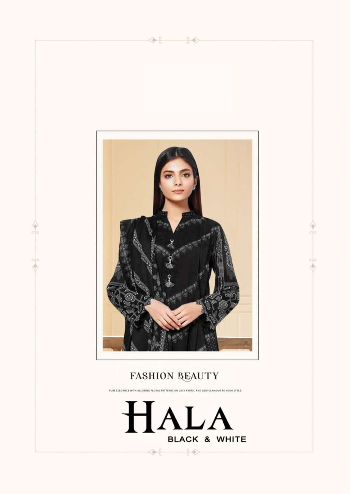 HALA BLACK AND WHITE DESIGNER COTTON PRINTED DAILY WEAR SUITS IN WHOLESALE RATE