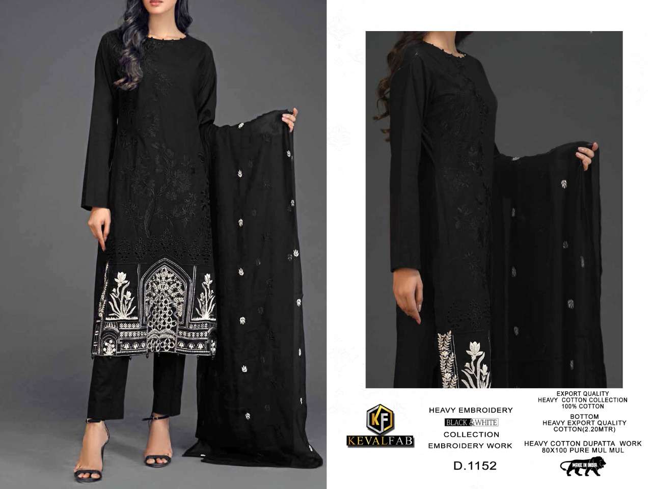 KEVAL FAB BLACK AND WHITE DESIGNER COTTON EMBROIDERED SUITS IN WHOLESALE RATE 