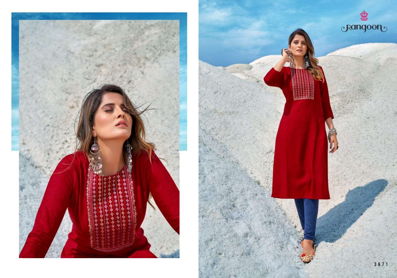 RANGOON SUNSHINE DESIGNER RAYON SEQUENCE EMBROIDERED DAILY WEAR KURTI IN WHOLESALE RATE 