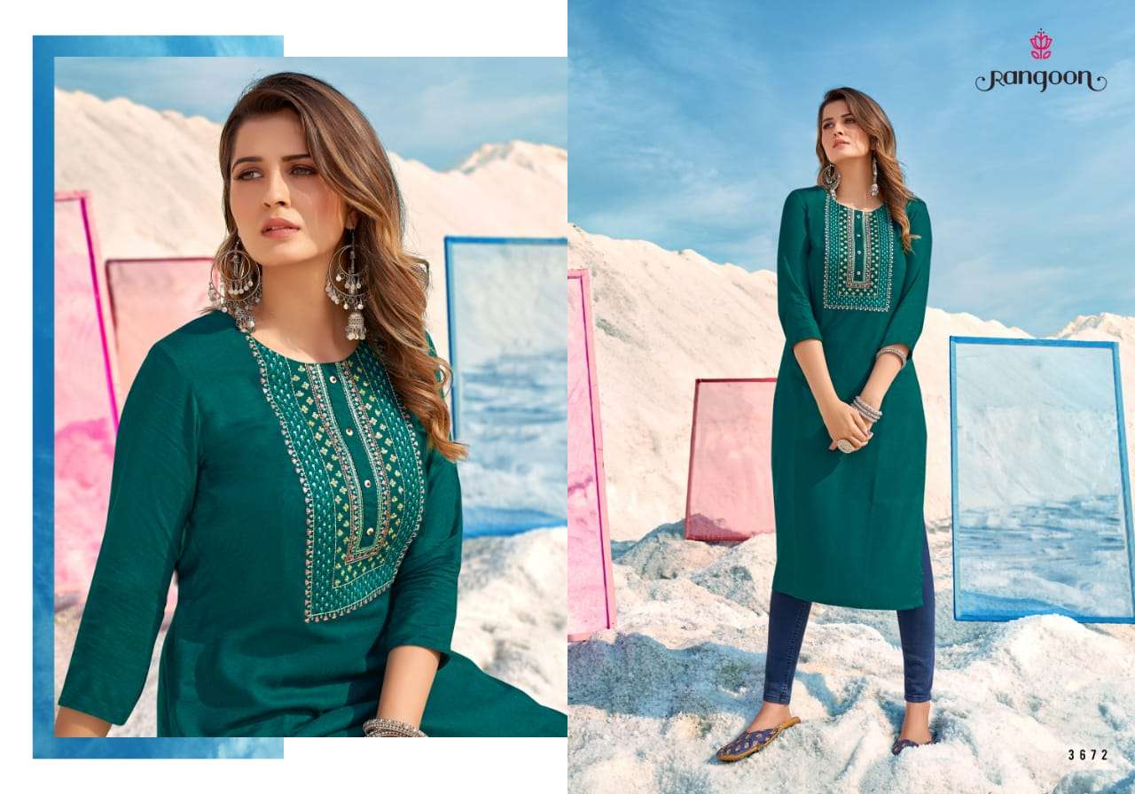 RANGOON SUNSHINE DESIGNER RAYON SEQUENCE EMBROIDERED DAILY WEAR KURTI IN WHOLESALE RATE 