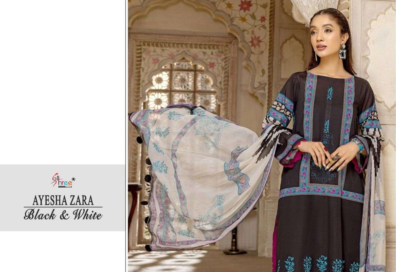 SHREE FAB AYESHA ZARA BLACK & WHITE DESIGNER EXCLUSIVE EMBROIDERY PATCH WITH COTTON PRINTED SUITS IN WHOLESALE RATE
