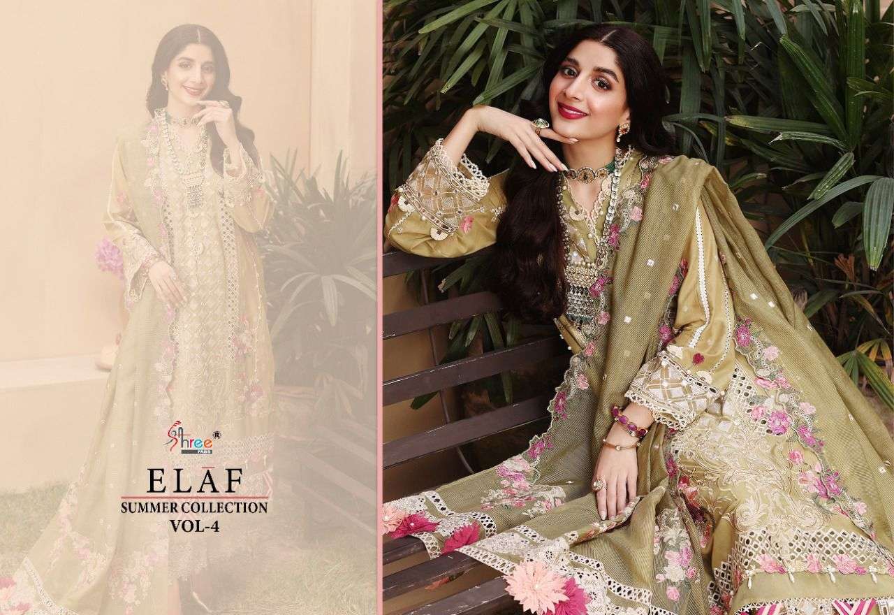 SHREE FAB ELAF SUMMER COLLECTION VOL 4 DESIGNER SELF EMBROIDERY COTTON SUITS IN WHOLESALE RATE 