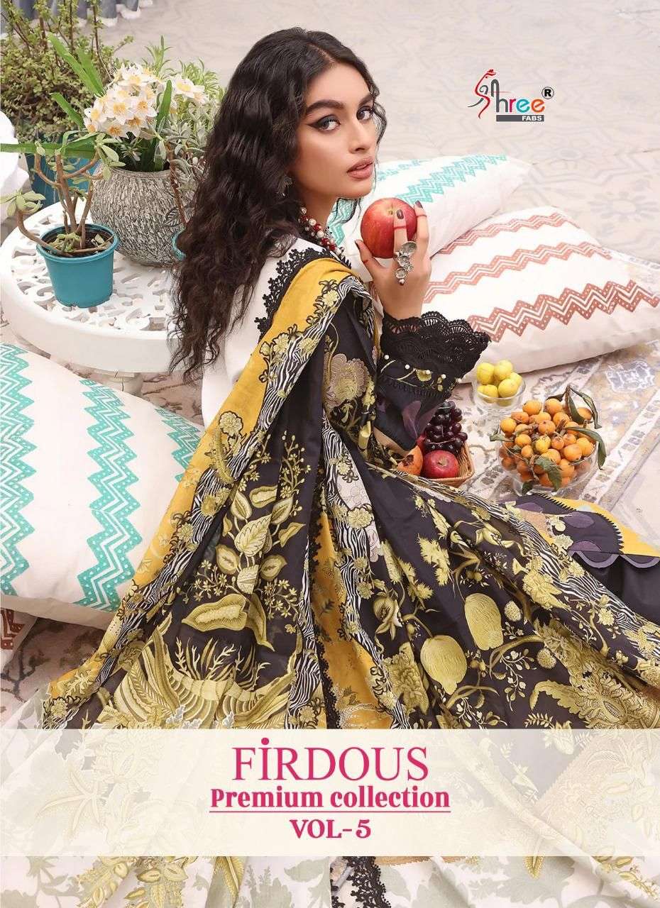 SHREE FAB FIRDOUS PREMIUM COLLECTION VOL 5 DESIGNER EXCLUSIVE EMBROIDERY WITH COTTON PRINTED SUITS IN WHOLESALE RATE
