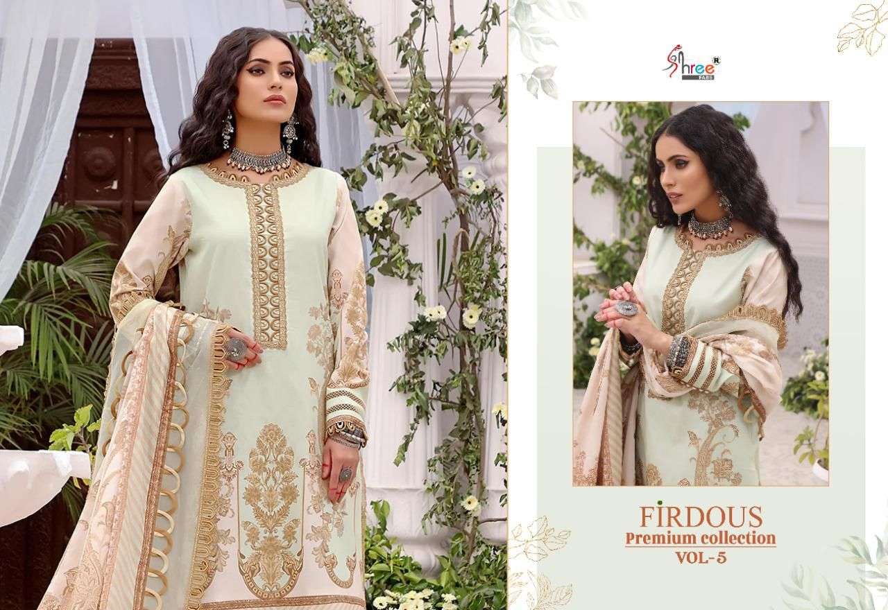 SHREE FAB FIRDOUS PREMIUM COLLECTION VOL 5 DESIGNER EXCLUSIVE EMBROIDERY WITH COTTON PRINTED SUITS IN WHOLESALE RATE