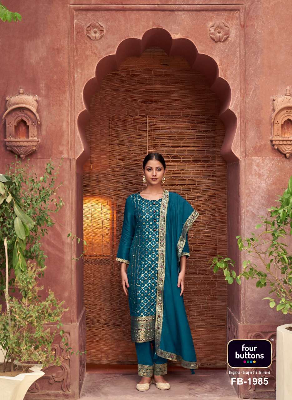FOUR BUTTONS BANARAS DESIGNER HANDWORK AND MEENAKARI WORK WITH DOLA SILK JACQUARD SUITS IN WHOLESALE RATE 