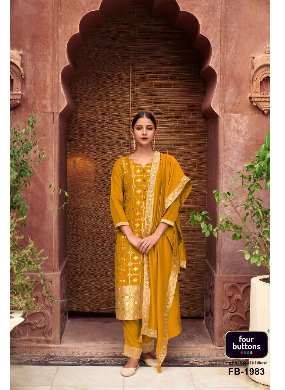 FOUR BUTTONS BANARAS DESIGNER HANDWORK AND MEENAKARI WORK WITH DOLA SILK JACQUARD SUITS IN WHOLESALE RATE 