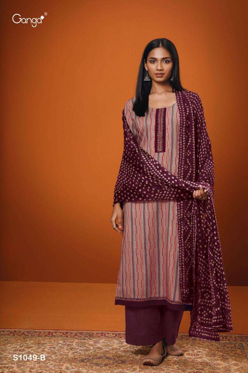 GANGA CHASNI 1049 DESIGNER EMBROIDERY WITH COTTON SATIN PRINTED SUITS IN WHOLESALE RATE 