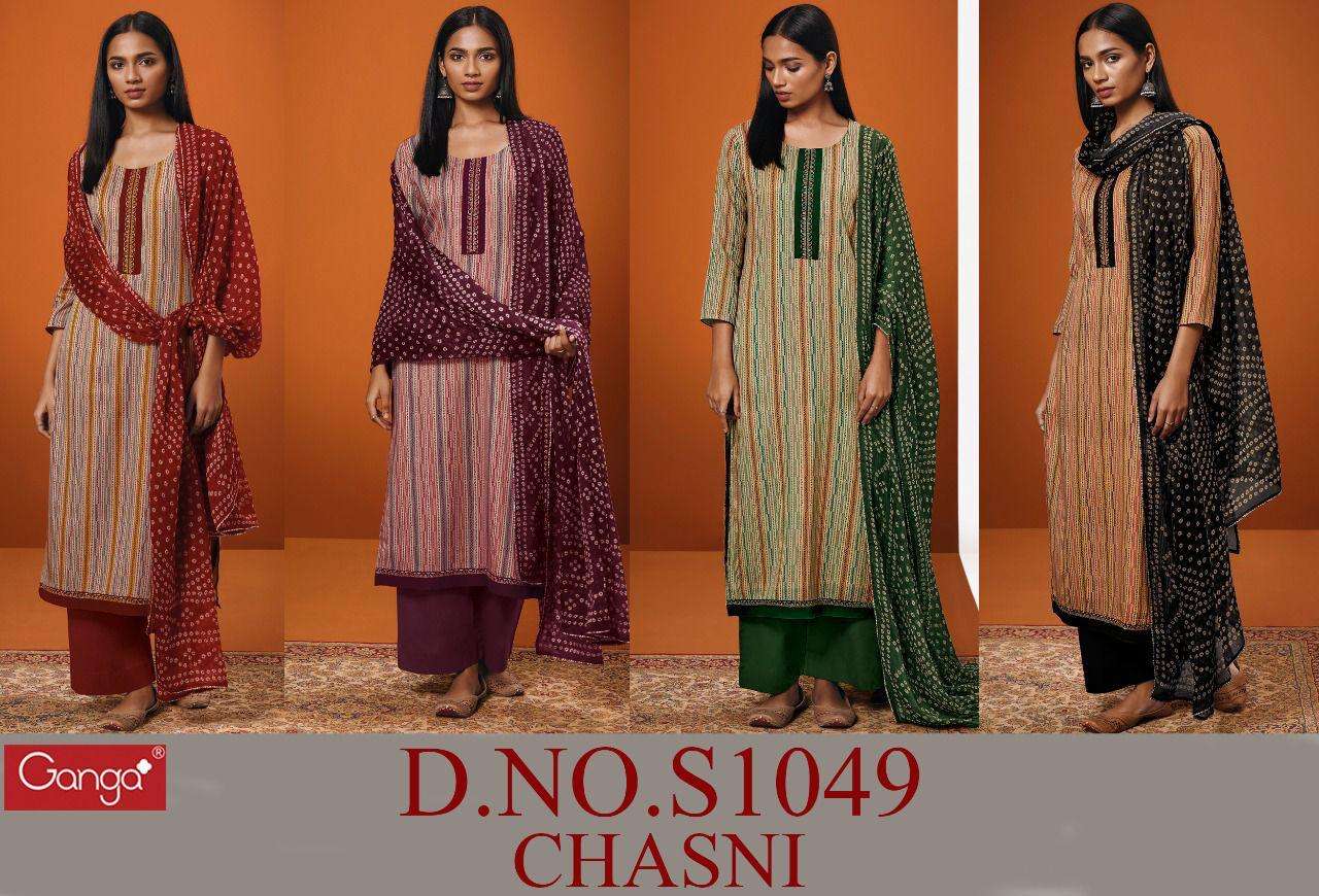 GANGA CHASNI 1049 DESIGNER EMBROIDERY WITH COTTON SATIN PRINTED SUITS IN WHOLESALE RATE 