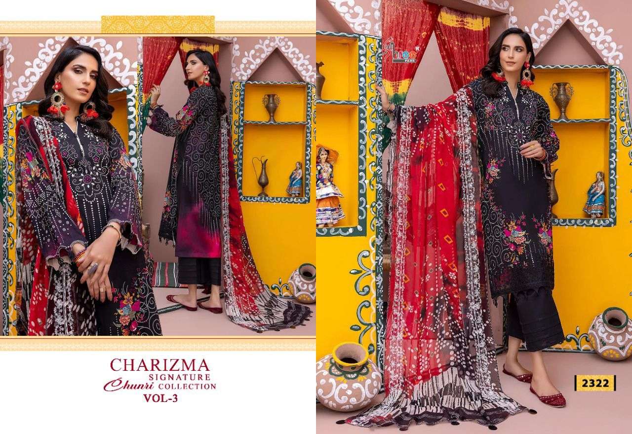 SHREE FAB CHARIZMA SIGNATURE CHUNRI COLLECTION VOL 3 DESIGNER EMBROIDERY WITH LAWN COTTON PRINTED SUITS IN WHOLESALE RATE 