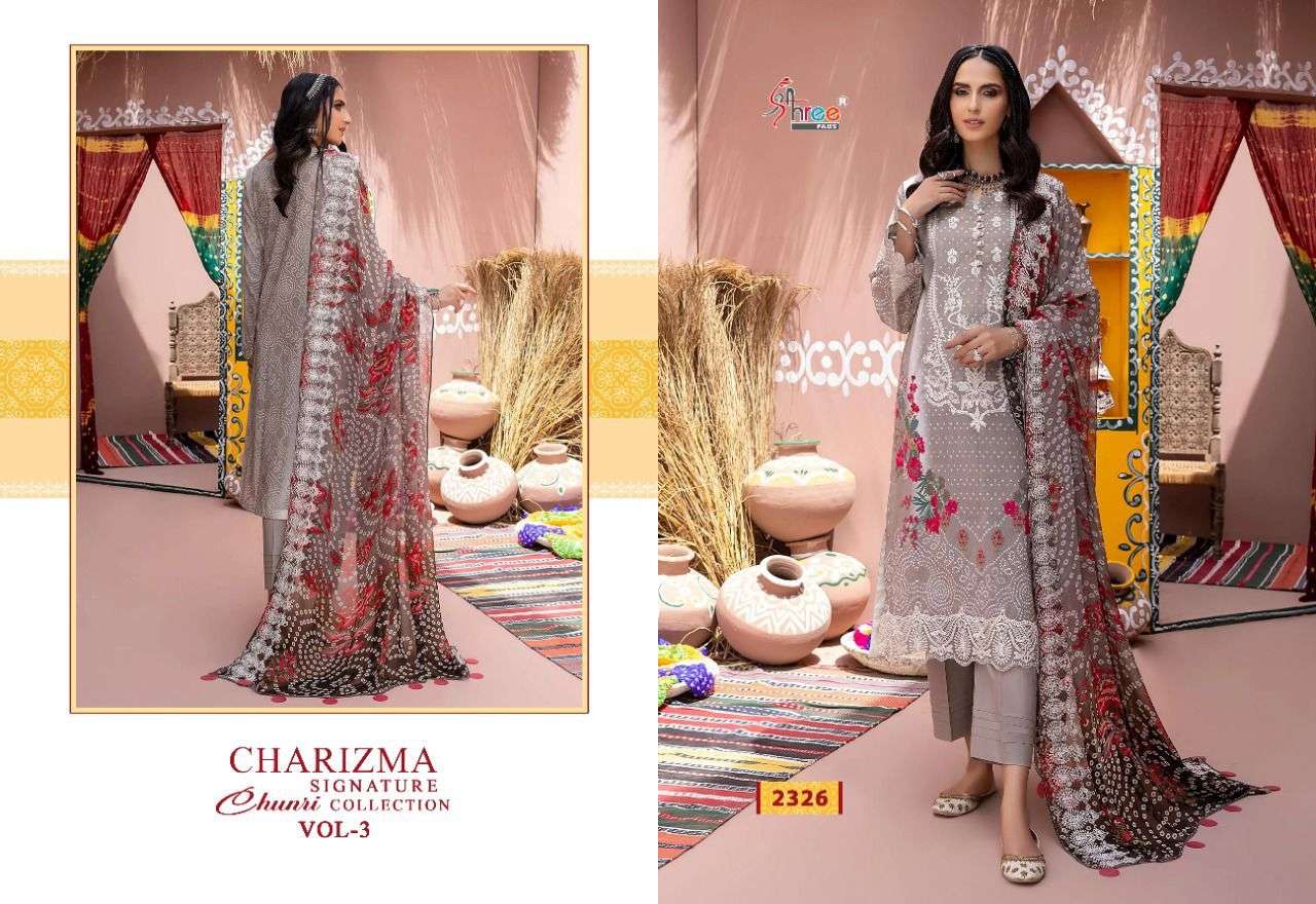 SHREE FAB CHARIZMA SIGNATURE CHUNRI COLLECTION VOL 3 DESIGNER EMBROIDERY WITH LAWN COTTON PRINTED SUITS IN WHOLESALE RATE 