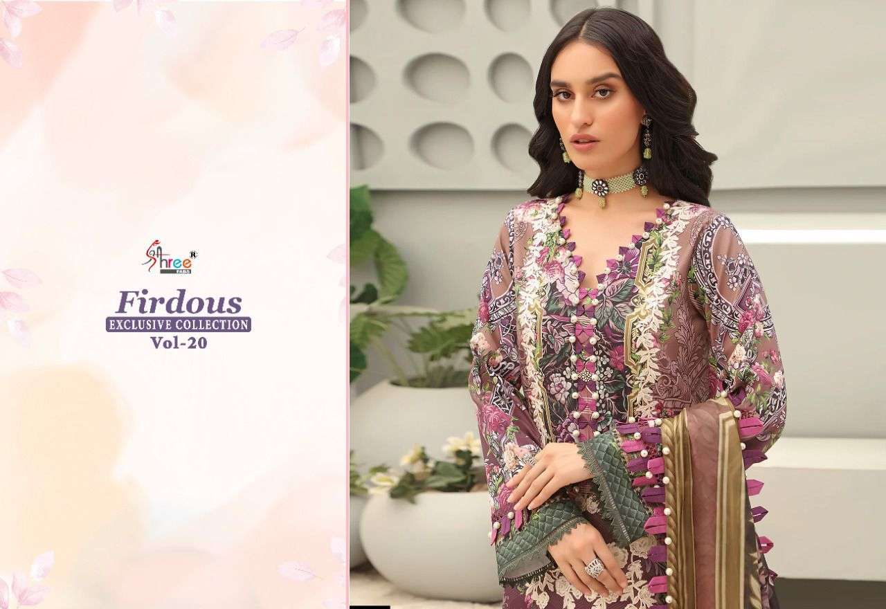SHREE FAB FIRDOUS EXCLUSIVE COLLECTION VOL 20 DESIGNER EXCLUSIVE EMBROIDERY WORK WITH JAM COTTON PRINTED SUITS IN WHOLESALE RATE 