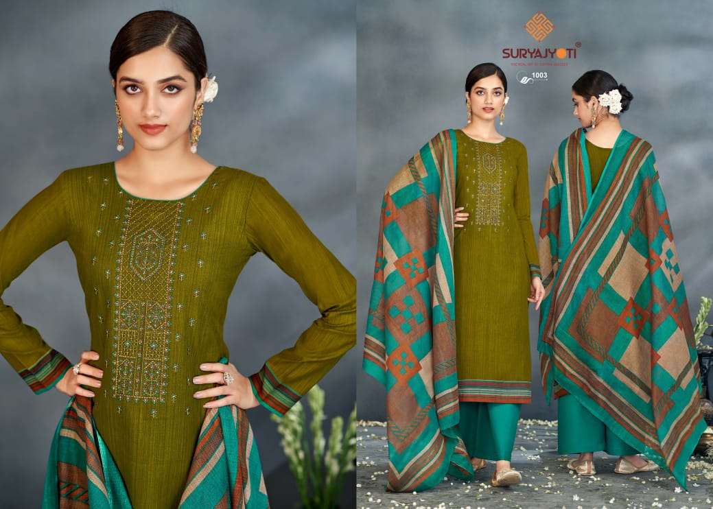 SURYAJYOTI NAZAKAT VOL 1 DESIGNER SWAROVSKI AND EMBROIDERY WORK WITH CAMBRIC COTTON PRINTED SUITS IN WHOLESALE RATE 