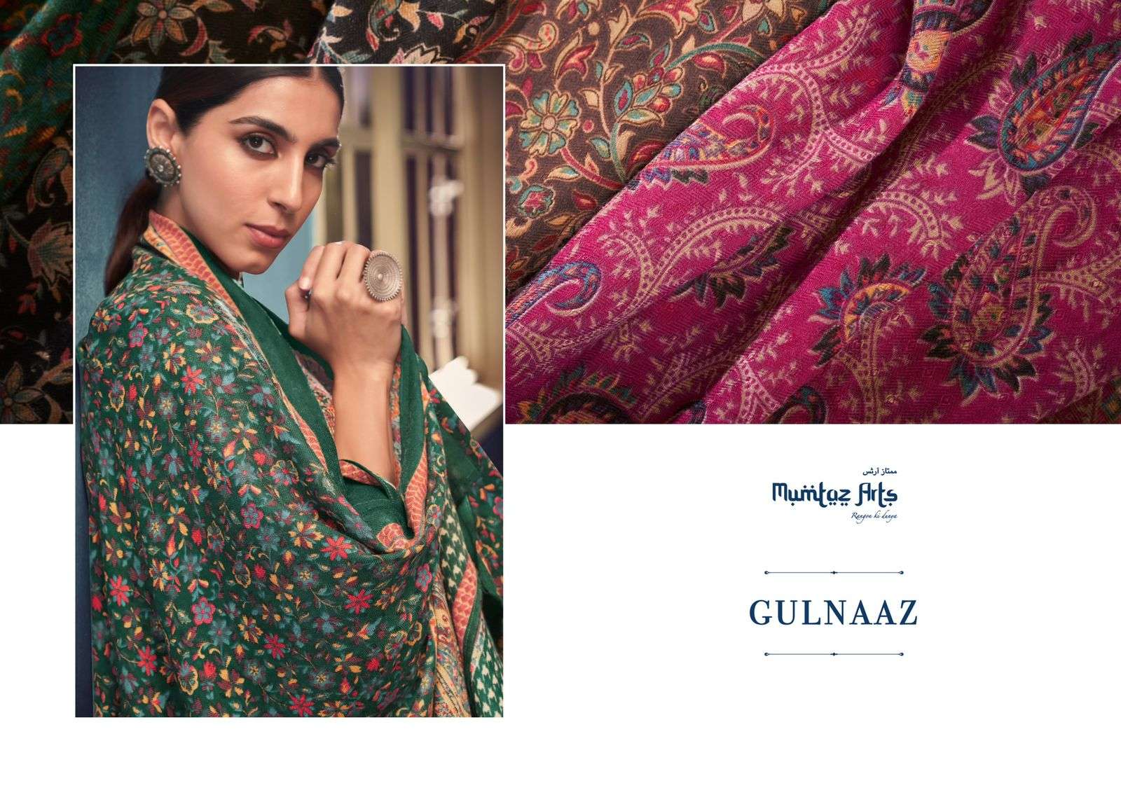 MUMTAZ ARTS GULNAAZ DESIGNER EMBROIDERY WITH TWILL PASHMINA PRINTED WINTER WEAR SUITS IN WHOLESALE RATE 